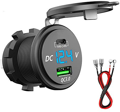 GemCoo 63W USB C Car Charger Socket, 45W PD Outlet 18W QC3.0 Charger 12V USB Cigarette Lighter Socket with LED Voltmeter for Car RV Boat Marine Truck Motorcycle