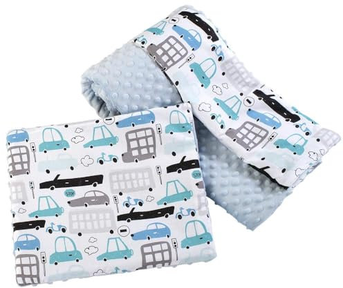 Medi Partners Babydecke Krabbeldecke mit Kissen 100% Baumwolle Minky Kinderdecke groß zweiseitig 75x100 + 35x30cm multifunktional für Bett Kinderwagen (Autos mit hellblauem Minky)