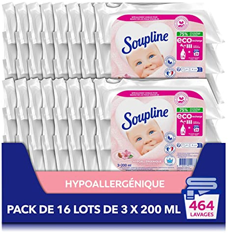 SOUPLINE - Soupline Allergivänliga sköljmedel - Eco-påfyllning - Aktiv kallformel - 92 % ingredienser av naturligt ursprung - 16 förpackningar med 3 x 200 ml