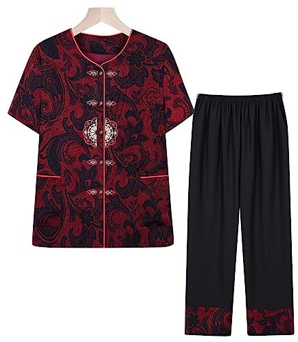 QPZK Frauen Tang Anzug Hanfu Seiden chinesische traditionelle Kleidung, ältere Blumendrucke Tai Chi Uniform für Frauen Kampfkunst Kung Fu Kleidung Kurzarm Mantel Tops red-5XL