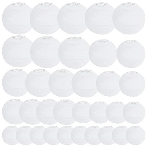 Papierlaterne 34 Stücke, RISVOWO Lampions Weiß, Papier Laterne HäNgende Runde Papierlaternen für Hochzeit Geburtstag Feiern Garten Deko, Lampions Außen Verschiedene GrößEn von 15cm 20cm 25cm 30cm