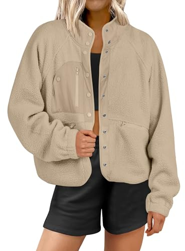 ANRABESS Womens Fuzzy Fleece Jacket Fall Casual Long Sleeve Cropped Sherpa Button Down Shacket Coats Outwear With Pockets Khaki Medium