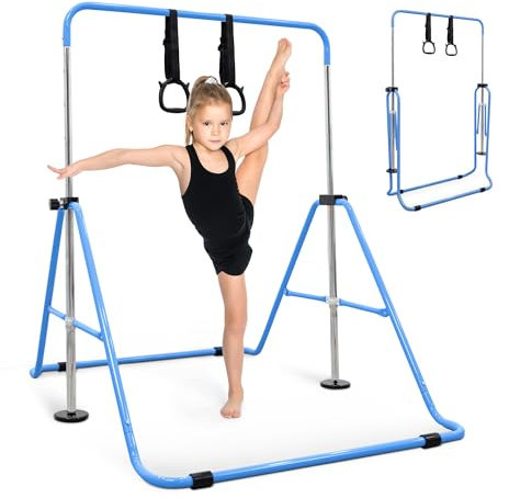 KAYMAN Foldable Gymnastics Horizontal Bar with Hand Protection Wrap, Adjustable Height & Feet - Durable Iron Equipment for Flexibility Training, Compact & Stylish (Blue, Small (90-130cm))