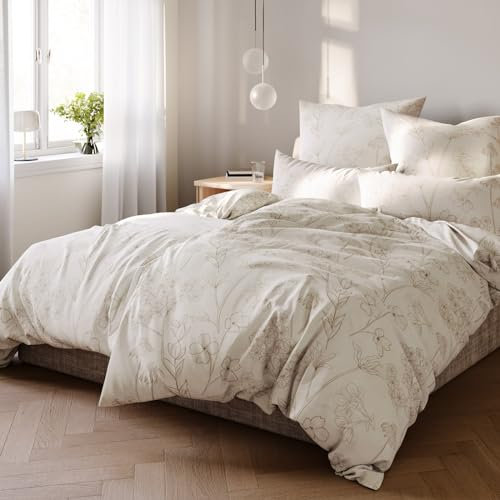 Pure Label Blumen Bettwäsche 4teilig 135x200 cm mit einem 2er Set Kissenbezüge 40x80 cm - Traumhaft weiches Bettwäsche-Sets 135 x 200 cm in Creme aus 100% Baumwolle mit YKK Reißverschluss