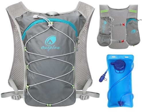 Outplea Chaleco Hidratacion Trail Running Mujer Hombre, Mochila Hidratacion con Bolsa de Agua de 2L, Mochila MTB para Maratón Ciclismo Senderismo, Gris
