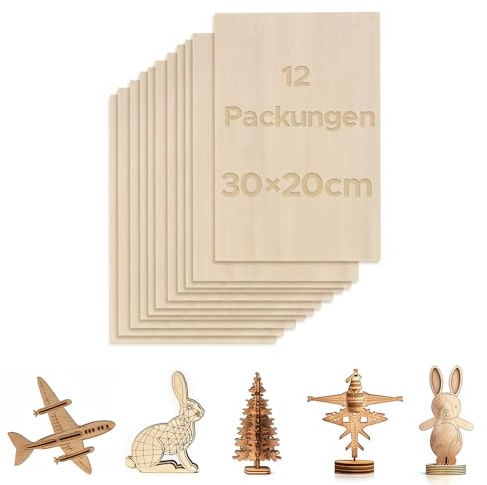 OMTech 12 Fogli di Tiglio 300x200 mm Fogli di Compensato per Artigianato, Fogli di Legno Spessi 3 mm per Incisione Taglio Laser per Progetti Fai da Te Disegni Pittura Modelli Architettonici