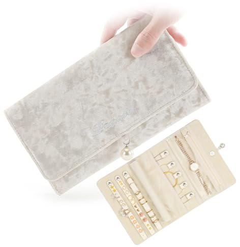 HOMEHIVE Estuche organizador de joyas de terciopelo de viaje, plegable, sin enredos, bolsa enrollable para collares, aretes, anillos, pulseras, relojes, color blanco roto