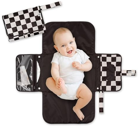 Tiny Twinkle Portable Diaper Changing Pad | Waterproof, Wipeable & Compact Baby Changing Pad for Travel | Smart Wipes Pocket & Organized Storage| Newborn Shower Gift (Black Checkers)