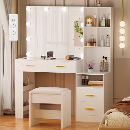 BEWISHOME Grande Toeletta da Trucco con Specchio e Sgabello, Toeletta con Luci LED a Luminosità Regolabile e Prese,Postazione Trucco con Piano in Vetro,Tavolo da Trucco, Toilette Trucco Bianco EFST28W