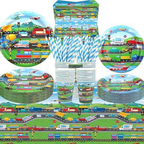 Forniture per feste di trasporto, stoviglie per feste di trasporto, piatti da cena, piatti da dessert, bicchieri, tovaglioli, cannucce per camion, auto, costruzioni, feste, baby shower, 40 pezzi (40)