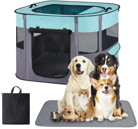Pet Dog Cat Playpen with Waterproof Pad,Portable Puppy Kitten Rabbit Crate and Other Small Animals Kennel Cage Tent for Indoor Outdoor Travel Camping,Water-Resistant Breathable Shade Cover (Green S)