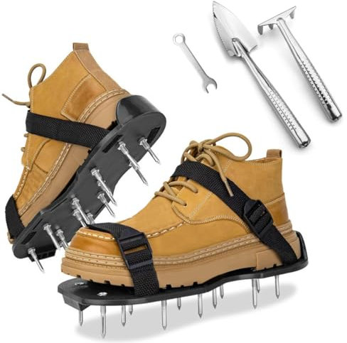 Aérateur Pelouse Chaussure, Sandales Aérateur Pelouse avec Pelle et Râteau en Acier Inoxydable, Chaussure à Gazon avec Lacets Réglables, Chaussures À Ongles Scarificateur Gazon