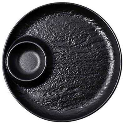 RISHORI Keramisk sushitallrik med såsfack, japansk sushi-serveringstallrik med såshållare för sushi, dumplings för hem och kök,Black,Small