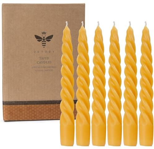 DEYBBY 7 inch Beeswax Spiral Candles Set of 6 - Dripless and Smokless Twisted Pure Bees Wax Candle for Home Decor & Gift Any Occasions