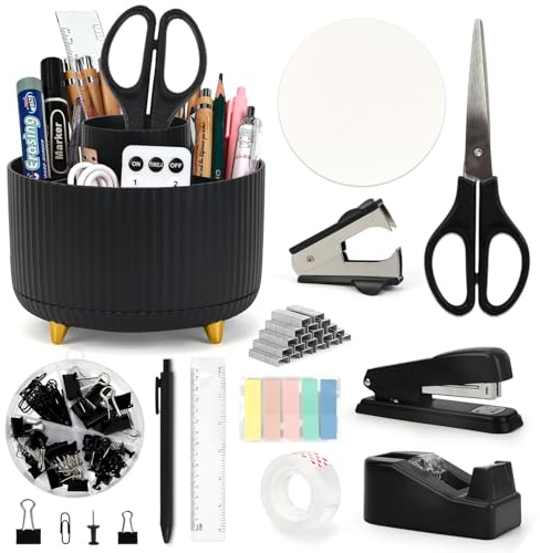 12-in-1 Stationary Set, Black Desk Accessory with Stapler & Staples Set, Pen Pot, Tape Dispenser, Scissors, Ruler, Color Tabs for Men, Women, Practical Office Supply for Teachers, Students