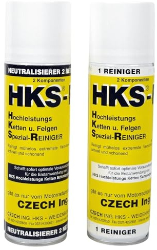 HKS-CZECH HKS-R - Kit de nettoyage de chaîne à 2 composants - Spray nettoyant + spray neutralisant - Sans acide, joint torique sûr et respectueux des matériaux - Pour chaîne de moto, vélo électrique