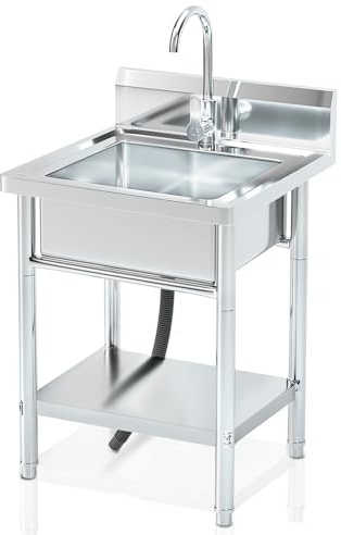 RiveraSink Lavandino da esterno in Acciaio Inox 50×50×80 cm – Lavello 1 Vasca Autoportante con Paraspruzzi, Piedini Regolabili e Scarico, Ideale per Giardino, Cucina e Ristorazione