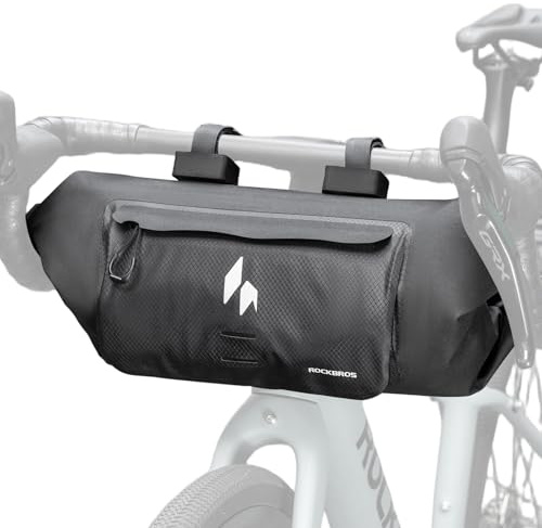 ROCKBROS Borsa da Manubrio Impermeabile 8L Espandibile, Borsa Manubrio Bici Anti-usura con Chiusura a Rotolo e Tasca Frontale, per Bicicletta Bikepacking Bici Gravel MTB