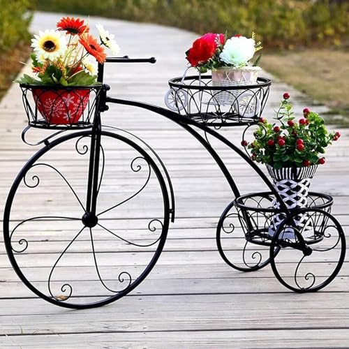 SOONHUA Supporto per piante effetto bicicletta, supporto per fiori in metallo con 3 cestini, scala per fiori a forma di bicicletta, per giardino e balcone