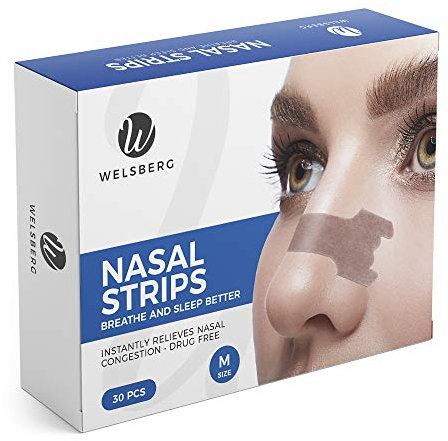 Welsberg 30 Stück Nasenstreifen Anti-Schnarch-Hilfe, Schnarchstopper-Pflaster, Nasenverstopfung Lindern, Besser Atmen im Schlaf Sport, Nasenpflaster für Männer Frauen, Größe M, 55x16 mm