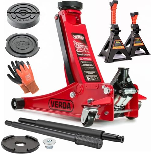 Wagenheber hydraulisch 3T, 75-515 mm + 2X Gummi + + 2X Unterstellböcke + Handschuhe + mit Schmiernippel Extra Flacher Rangierwagenheber Doppelpumpsystem Doppelkolben Unterstellbock Auto Heber Profi