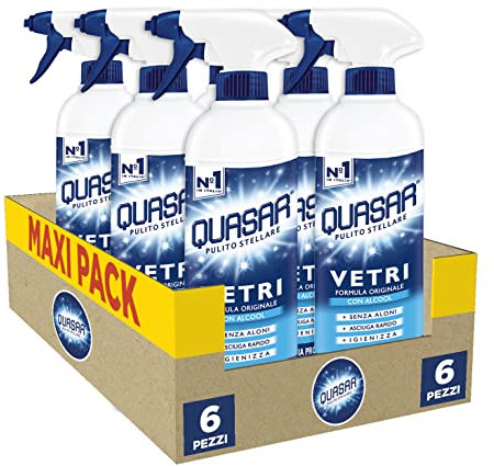 Quasar - Vetri - Formula Originale, con Alcool, Senza Aloni, Asciuga Rapido e Igienizza - 6 Flaconi da 750 ml