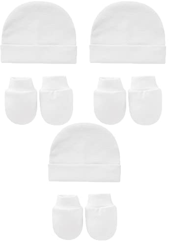 Snegyu Gorro de hospital de algodón para recién nacidos y guantes antiarañazos, juego de 0 a 3 meses para recién nacidos, niños y niñas, capó, gorros y guantes para bebés, White 3 Set, 1 mes