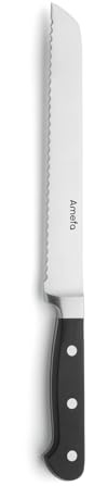 Amefa Premium brödkniv med tandad kant | vass professionell kniv för bröd, bröd och bakverk | handtag svart nitad | frukostkniv