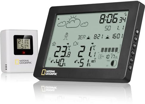 National Geographic BaroTemp HZ Estación meteorológica – Termómetro, higrómetro y barómetro precisos, con pronóstico del tiempo y más, color negro
