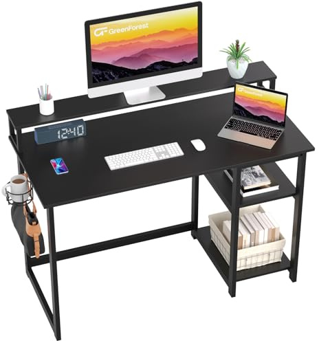 GreenForest Computertisch mit Monitorständer, 100 cm, Heimbüro-Schreibtisch mit wendbaren Ablagen, kleiner Arbeitsschreibtisch mit Kopfhörerhaken und Getränkehalter, Schwarz