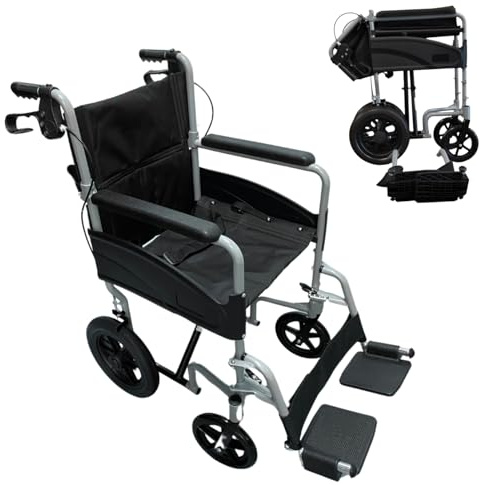 Ugo Lite Aluminium Folding Transit Travel Wheelchair with Attendant Brakes, Ultra Lightweight Attendant Narrow Transport Wheelchairs for Adults, Net Carry Weight 9.5kg, Mobility Aids, 18 Seat Width