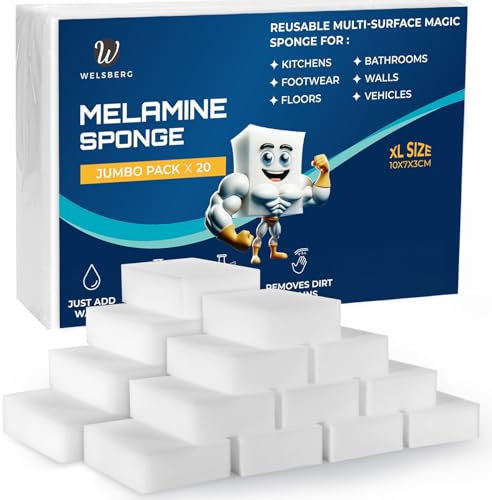 Welsberg Borrador Mágico 20 Piezas, Esponja de Melamina de Limpieza 10x7x3 cm, Goma de Borrar de Suciedad para Paredes Blancas, Zapatos, Suelos, Hogar, Cocina, Baño, Blanco