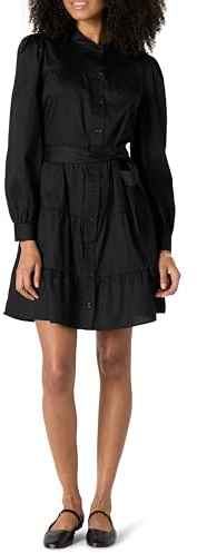 Amazon Essentials Robe Chemise à Volants en Satin de Coton, Coupe Classique Femme, Noir, S