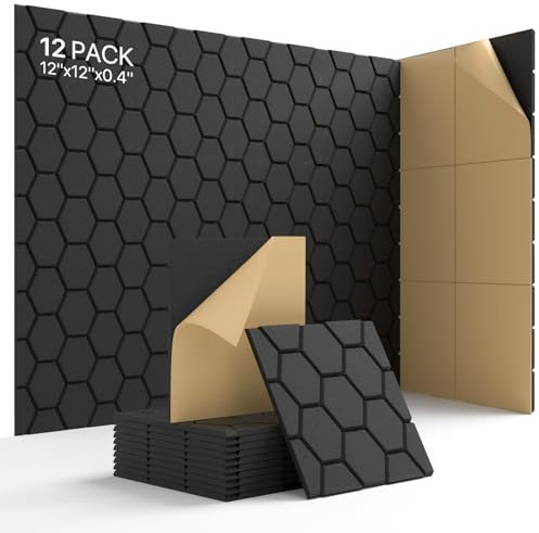 Acoustic Wall Panels Self Adhesive, Honeycomb Peel and Stick Sound Absorbing Panels for Walls, Decorative Hexagon Design Art Tiles for Studio, Home Office, Gaming Room, 12 Pack 12x12x0.4, Black