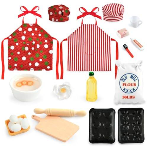 Ropa Elfo Navidad Muñeco 23 Piezas Accesorios Elfo Travieso Navidad Complementos Elfo Navidad Muñeco Miniaturas para Casa de Muñecas Cocina Miniatura Lunares Rojos a Rayas Delantal, Sombrero (A)