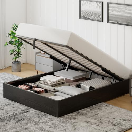 YUMPIE Lift Up Storage Bed Frame, Full Size Wooden Platform Bed with Large Storage Underneath, No Box Spring Needed, Noise Free, Black