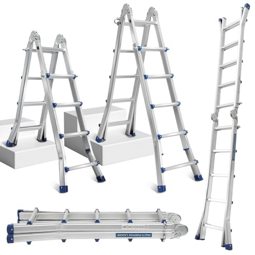 Lospitch Escalera multifuncional, 402 cm, 4 x 4 peldaños, 3 en 1, de aluminio, telescópica, ajustable, antideslizante, plegable, capacidad de carga hasta 150 kg
