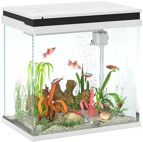 PawHut 26L Acquario in Vetro per Pesci Rossi con Pompa d'Acqua e Filtro, Acquario Completo con Illuminazione LED, Vaschetta per Pesci Acqua Tropicali, 38x26x38cm, Bianco