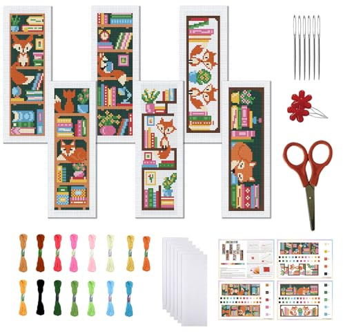 FREEBLOSS Juego de 6 marcapáginas de punto de cruz, patrón de estantería de zorro, kit de bordado de puntada, marcadores de libros de bricolaje, kits de punto de cruz impresos con instrucciones para