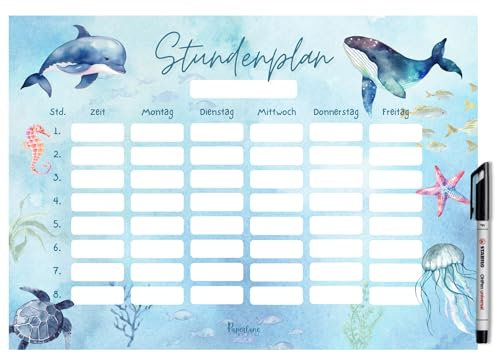 Unterwasserwelt Stundenplan magnetisch abwischbar für Kühlschrank und Whiteboard, Meerestiere Wochenplaner Mädchen und Junge Geschenk zur Einschulung (Magnetischer Stundenplan inkl. Stift)