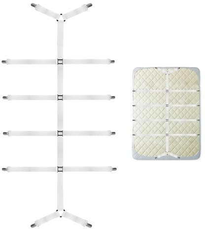 SUNRIZ Bettlakenspanner Verstellbare, Elastische Matratzenhalter mit 12 Metallklammern, Anti-Falten Spannbettlaken Halter, Spanngurte für Spannbettlaken und Topper (Weiße)