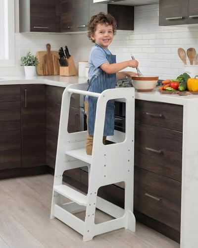 Xubby Lullza Toddler Step Stool - Adjustable Height Wooden Step Stool for Counter, Kids Kitchen Step Stool, Kitchen Tower for Toddlers, Grows With Your Child, White