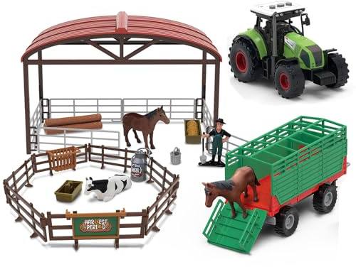 LioMaxi Scala 1:36 Veicolo agricolo inerziale (37 pezzi), stalle, set di combinazione di animali, giocattolo per bambini, trattore, fattoria, 3 effetti sonori simulati, luci