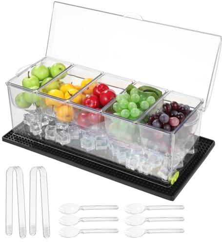 Tideme Chilled Condiment Server with Lid, 5-Compartment Plastic Food Storage Container with Drain Holes, Ice Box for Fruits with Cup Coaster, 2 Clips & 6 Fork Spoons, 16.1 x 6.4 x 5.7 in, Transparent