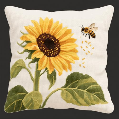 AMBATTERY Ricamo A Punto Croce Per Cuscino, Fiore di girasole e ape Punto Croce Kit da Ricamare Prestampato 45x45cm Kit Per Cuscino Ricamato A Mano Kit Per Ricamo A Croce