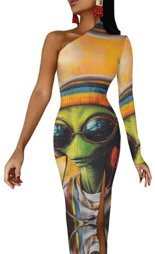DJ Aliens Reggae - Vestidos de moda con hombros descubiertos para mujer, vestido largo de media manga con abertura, vestido de cóctel, Estilo:, L