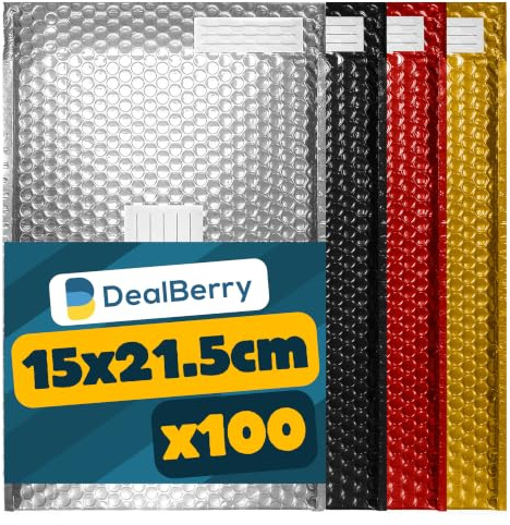 100 Pack Padded Envelopes | Packaging Poly Bags | Shipping Mailer | Metallic Shipping Envelopes | Address & Return Box | Assorted Colours | Size C | 170x215mm