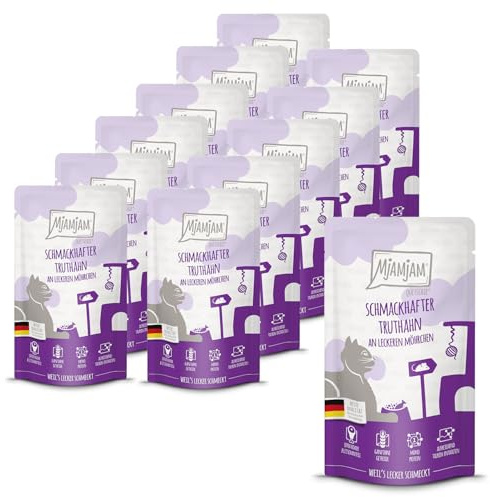 MjAMjAM - nourriture humide premium pour chats - Quetschie - dinde savoureuse avec de délicieuses carottes, paquet de 12 (12 x 125 g), sans céréales avec un supplément de viande
