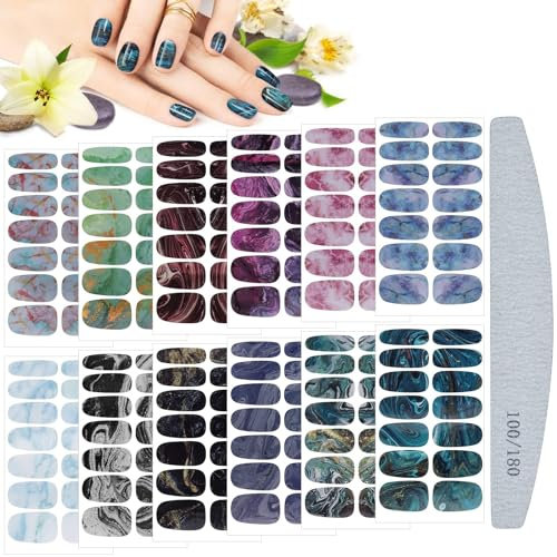 Kalolary Nail Sticker Couverture Complète Pleine, 12 Feuilles Marbre Autocollants Transfert Pochoir Ongles Auto-adhésifs Nails Wraps Décoration avec Limes à Ongles pour Femmes Filles