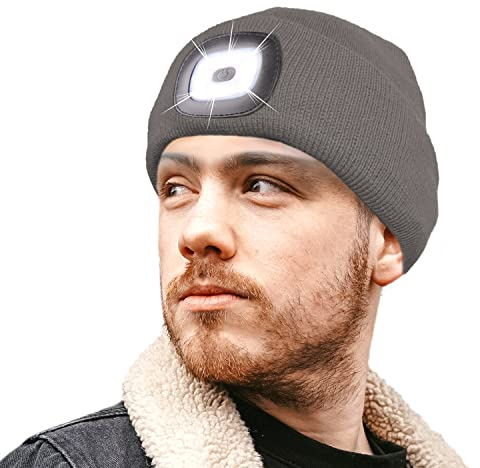 RockJock STORMACTIVE 100% Waterproof LED Light Rechargeable USB Long Lasting Warm Beanie Hat Mens, Ladies, Kids for Camping, Walking, Running, Cycling-Grey